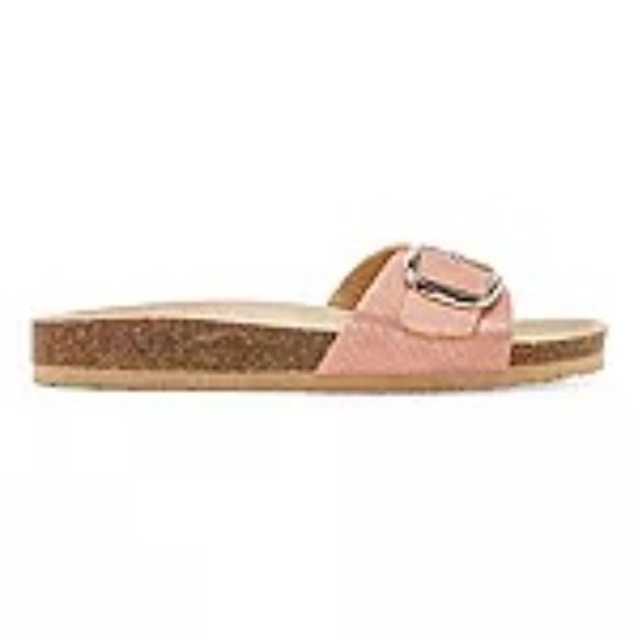 Sandals-Shoes 6.5 7 8.5 9 Blush Pink Snakeskin Buckle Flats Slides Faux Leather - Picture 4 of 4